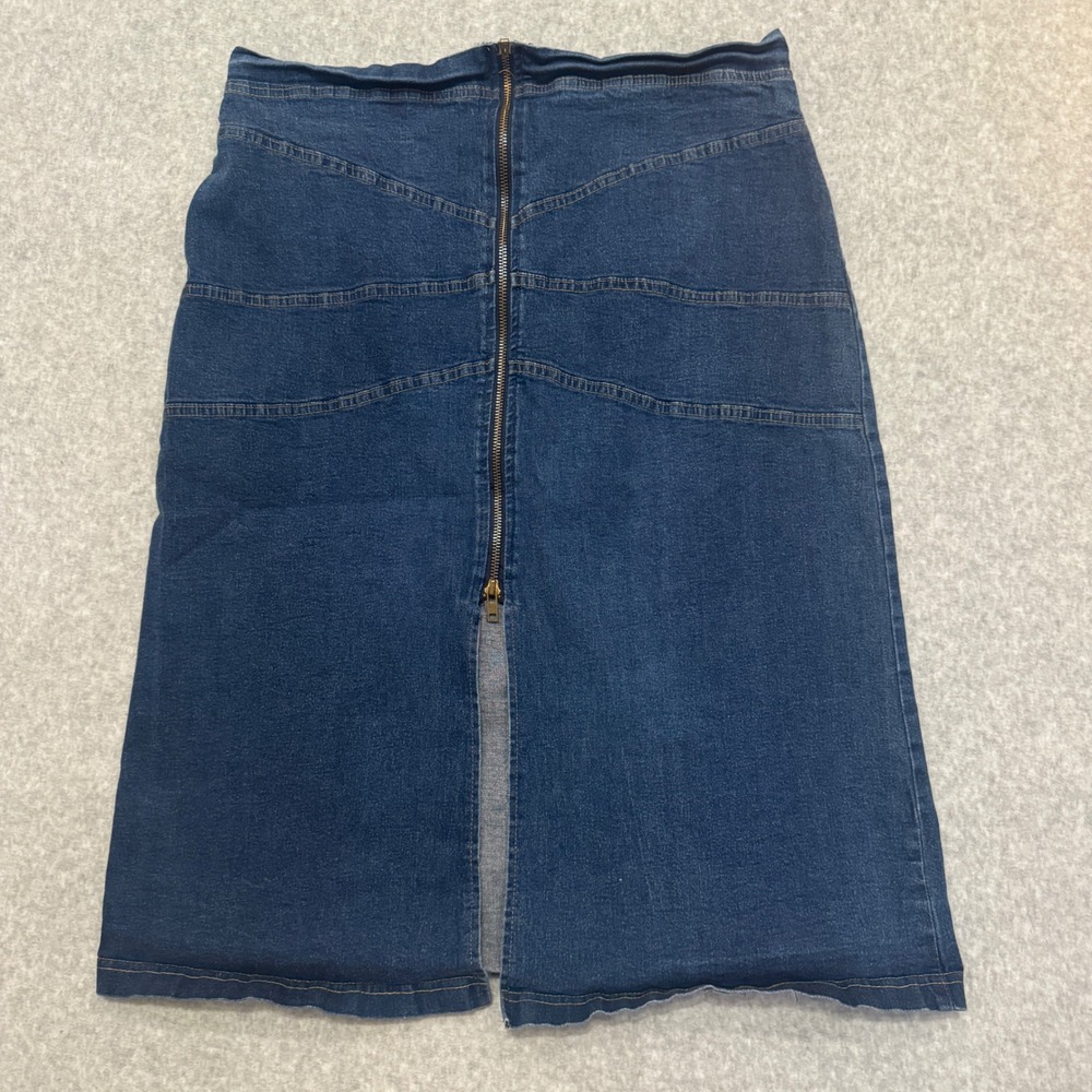 Caran New York Vintage Denim Midi Skirt Dark Wash Front Zip Slit Size 34 Waist
